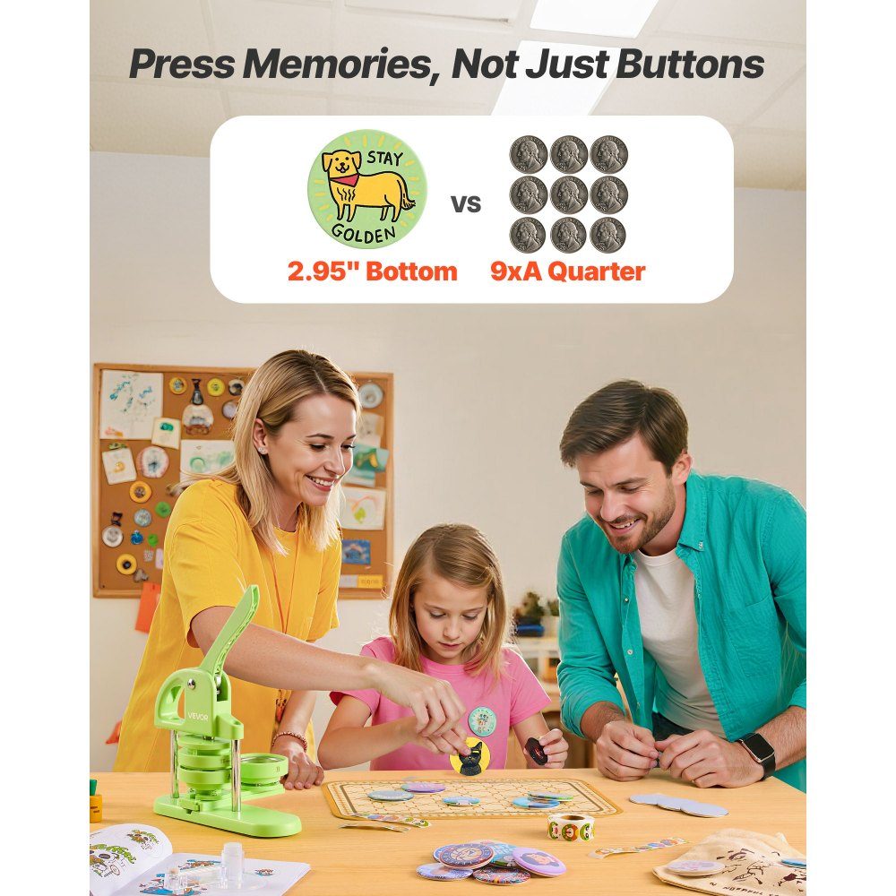 Button machine button maker machine badge punching press 75 mm round, pin maker with 100 button parts & circle cutter & magic book & reinforced ergonomic handle, DIY button press machine green