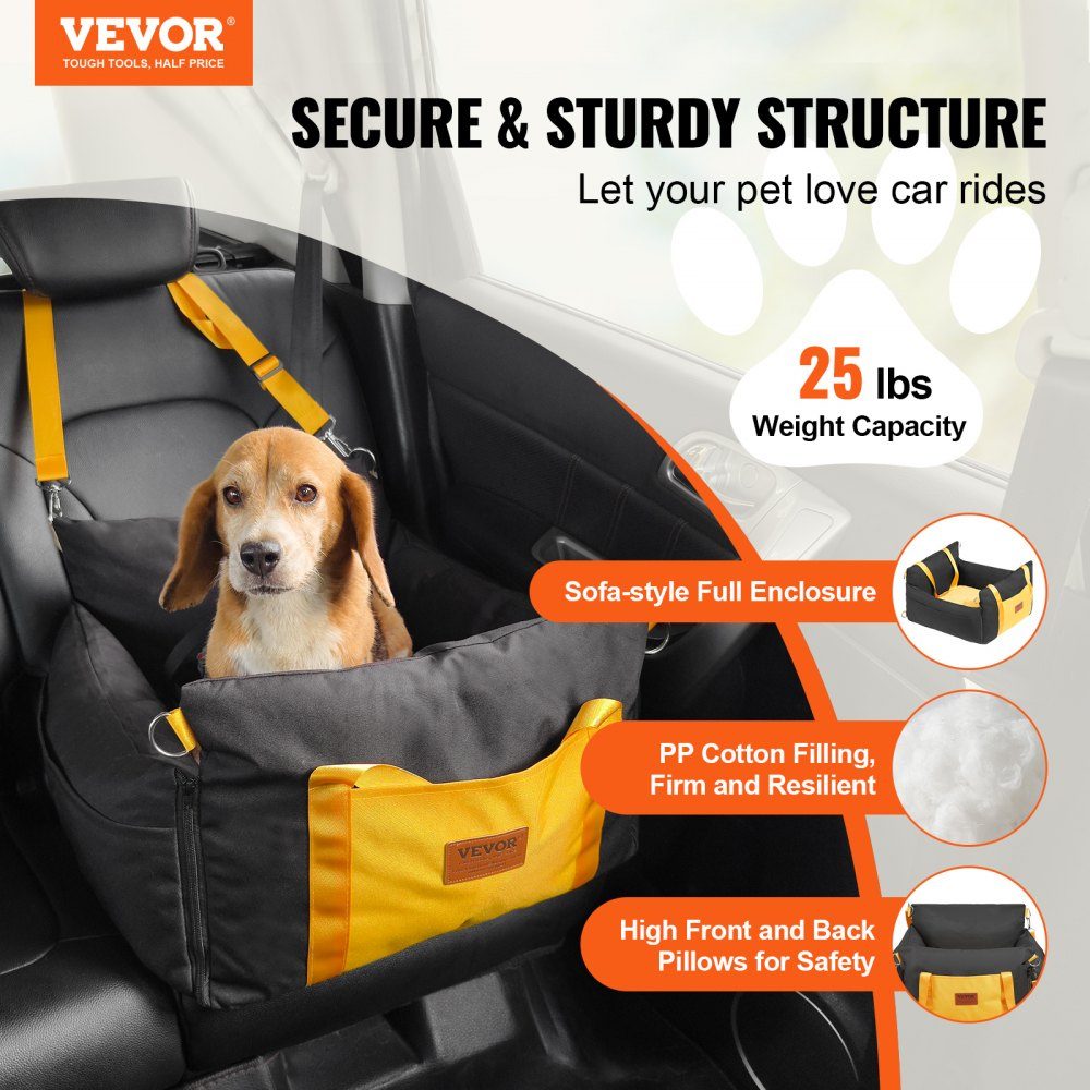 Dog Car Seat Booster Seat with Side Handles and Storage Bag, Attachable Safety Leash and PP Cotton Filling, Dog Car Bed for Small Dogs up to 25 Pounds, Black