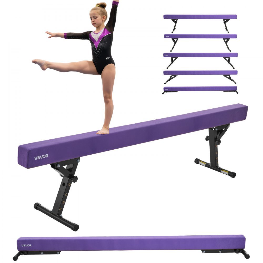 Schwebebalken Gymnastik Kinder 241 cm höhenverstellbar (5 Stufen/170/380470/540/565 mm), 158,7 kg belastbarer Gymnastikbalken, Schwebebalken für Fitnessstudio, Lila