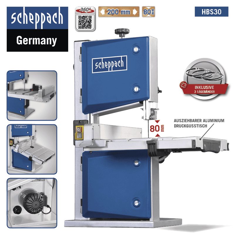Band saw HBS30 scheppach - 230-240V 50Hz 350W - 80mm