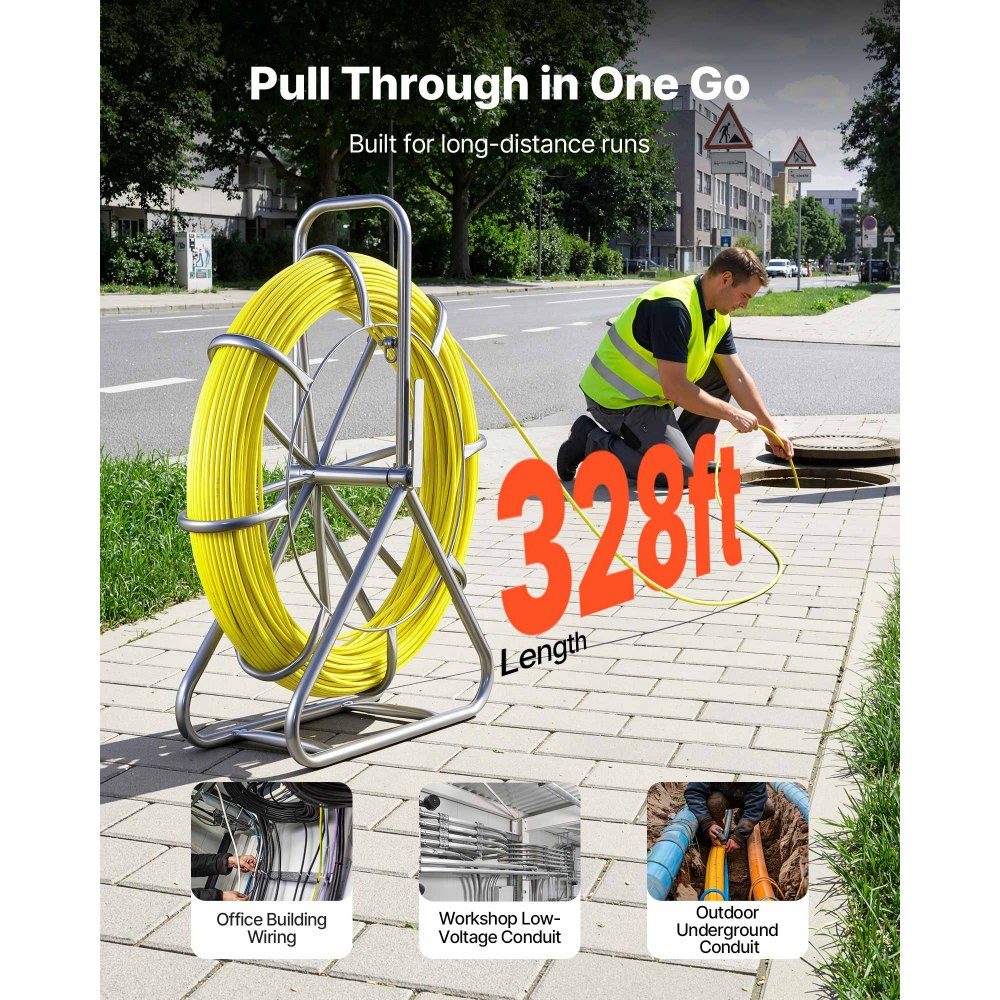 Fiberglas-Kabelrad 100 m Ø6,3 mm Fiberglasstab, Fischband mit Ständer, Kabeleinzugshilfe mit Markierungen, Kabeleinfädler, Kabelzieher für Wände & Elektroinstallationsrohre, nicht leitend