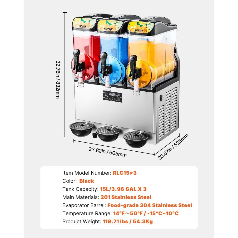 Commercial Slush Ice Machine 45L Slushie Maker with 3 Tanks, Stainless Steel Crushed Ice Machine for 180 Cups Margarita and Smoothies, Ice Slush Machine for Home Catering Cafe Bars