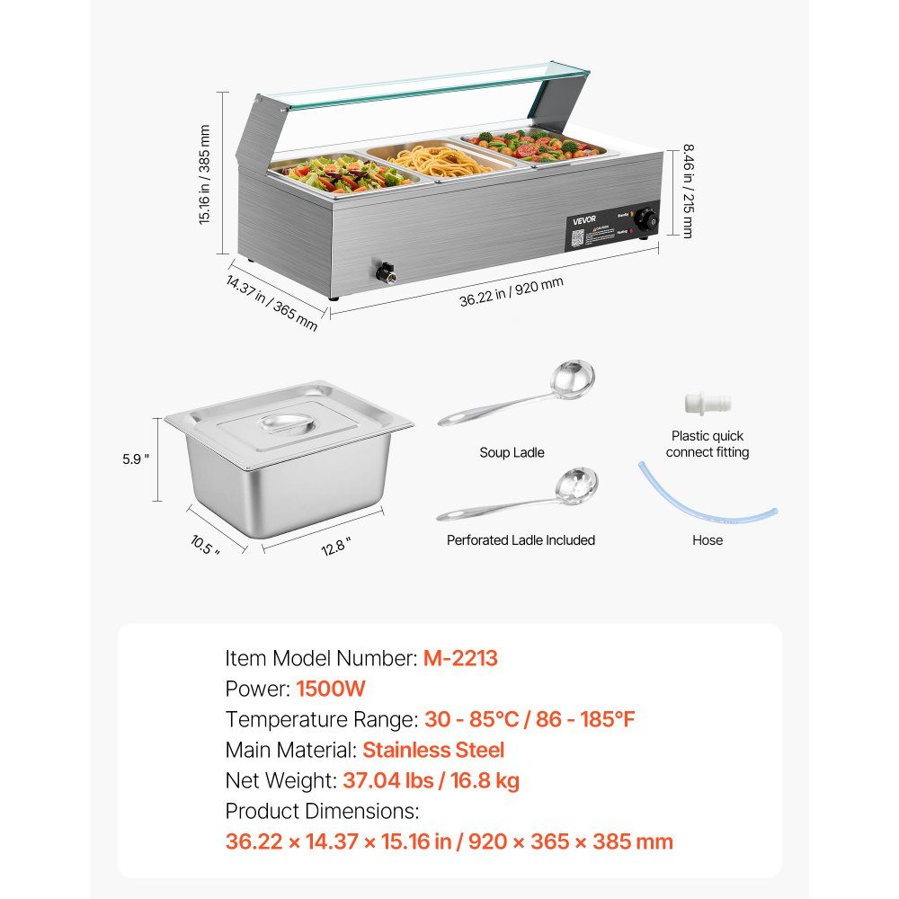 Commercial Food Warmer (3 Size 1/2 Containers), 1.5KW Stainless Steel Electric Warming Container with Glass Cover and Soup Ladle, Chafing Dishes for Catering Restaurant Parties