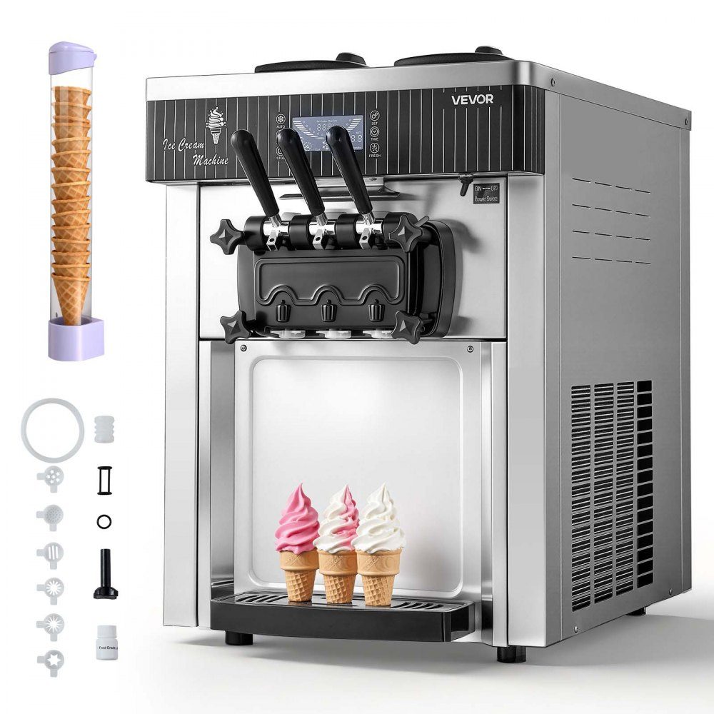 Commercial ice cream machine 20-28 L/h output, soft ice cream machine 2200 W with 2 x containers (6 L), pre-cooling, self-cleaning and LED display, table device for snack bars, dessert shops and cafes, silver
