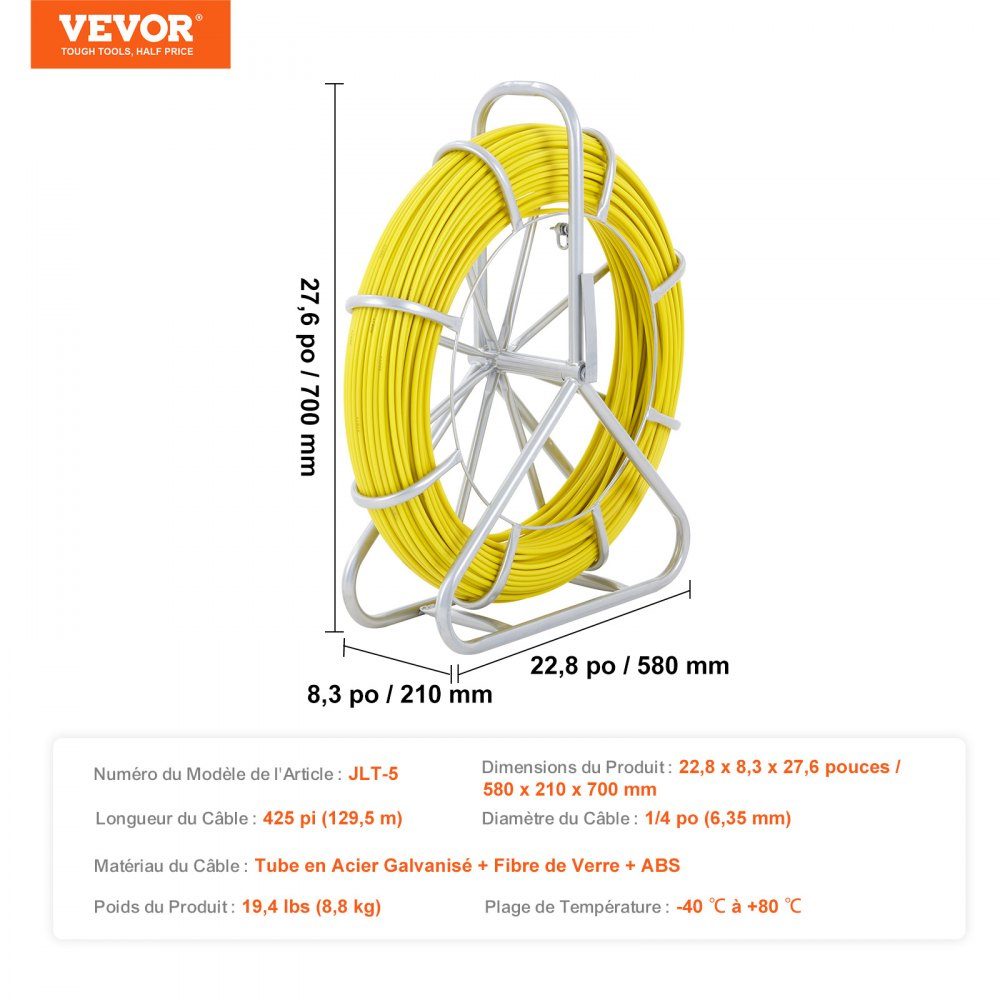 Fiberglass cable wheel Ø6.35 mm x 129.5 m Fiberglass rod incl. steel roller Gloves Brake handle Metal pull heads Fish tape -40℃ to +80℃ Pull-in aid Pull-in tape Pull-in spiral