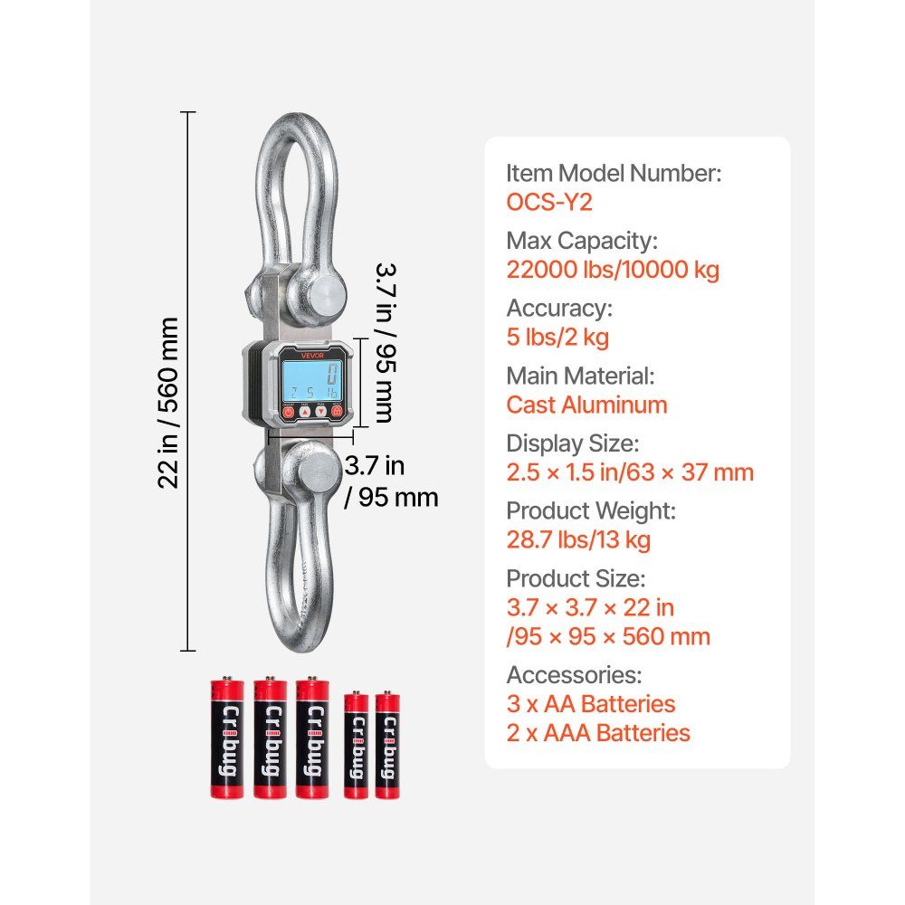 Crane Scale 10T, Digital Hanging Scale, Industrial Scale with Cast Aluminum Housing & LCD Display, 2kg Division & 3 Level Switch, Remote Control, Play Scale, Hook Scale for Garage & Factory