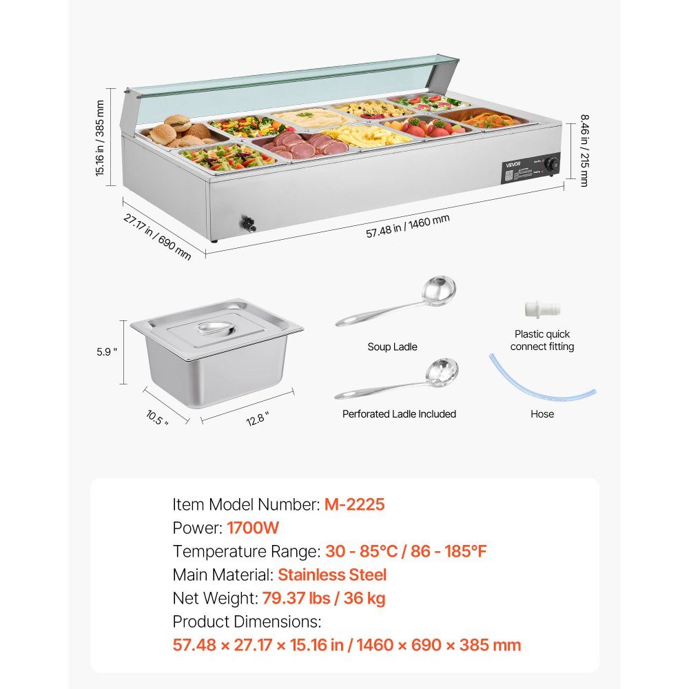 Commercial Food Warmer (10 x Size 1/2 Containers), 1.7KW Stainless Steel Electric Warming Container with Glass Cover and Soup Ladle, Chafing Dishes for Catering Restaurant Parties