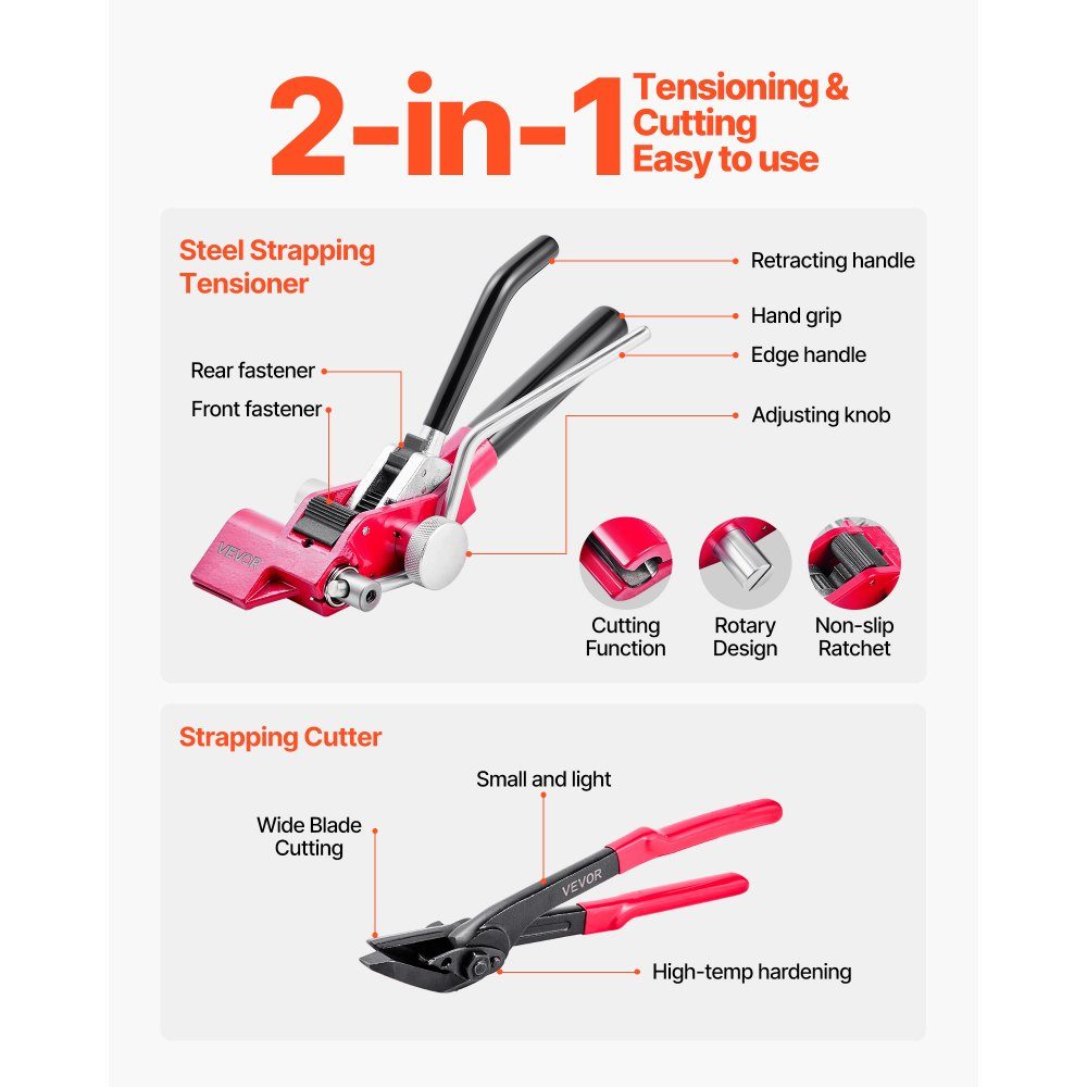 4-piece steel strapping set, manual strapping tool with 60m metal strapping, 200 metal clips and cutters, perfect workshop equipment for industrial packaging, transport and storage