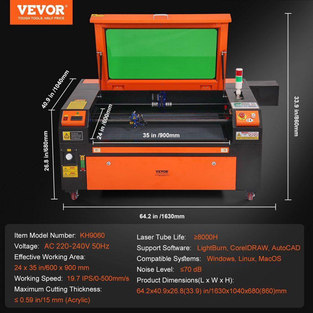 100W CO2 Laser Engraver 600x900mm 500mm/s Laser Cutting Machine with 2 Way Air Assist Compatible with LightBurn, CorelDRAW, AutoCAD, Windows, Mac OS, Linux, for Wood, Acrylic, Fabric