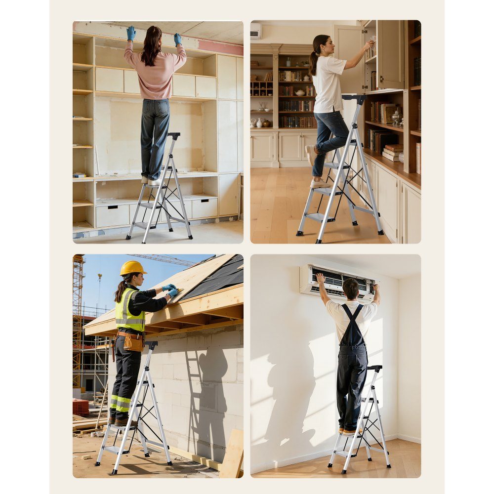 Trittleiter 4 Stufen, Klappleiter mit Anti-Rutsch-Stufen & komfortablem Griff, Haushaltsleiter Belastbarkeit 150 kg, Sicherheitsleiter aus Aluminium für Küche, Haushalt, Lager & Büro, Silber