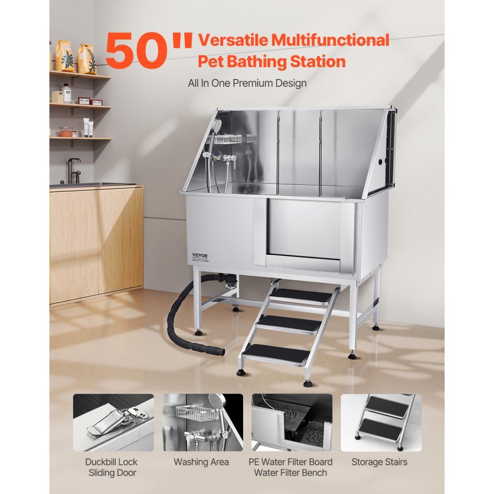 Station de lavage pour chien en acier inoxydable, baignoire de toilettage pour animaux de compagnie, 1270 x 700 x 1545 mm, avec escalier, plaque de filtre à eau en PE, robinet, pomme de douche et porte-savon pour animaux de grande, moyenne et petite taill