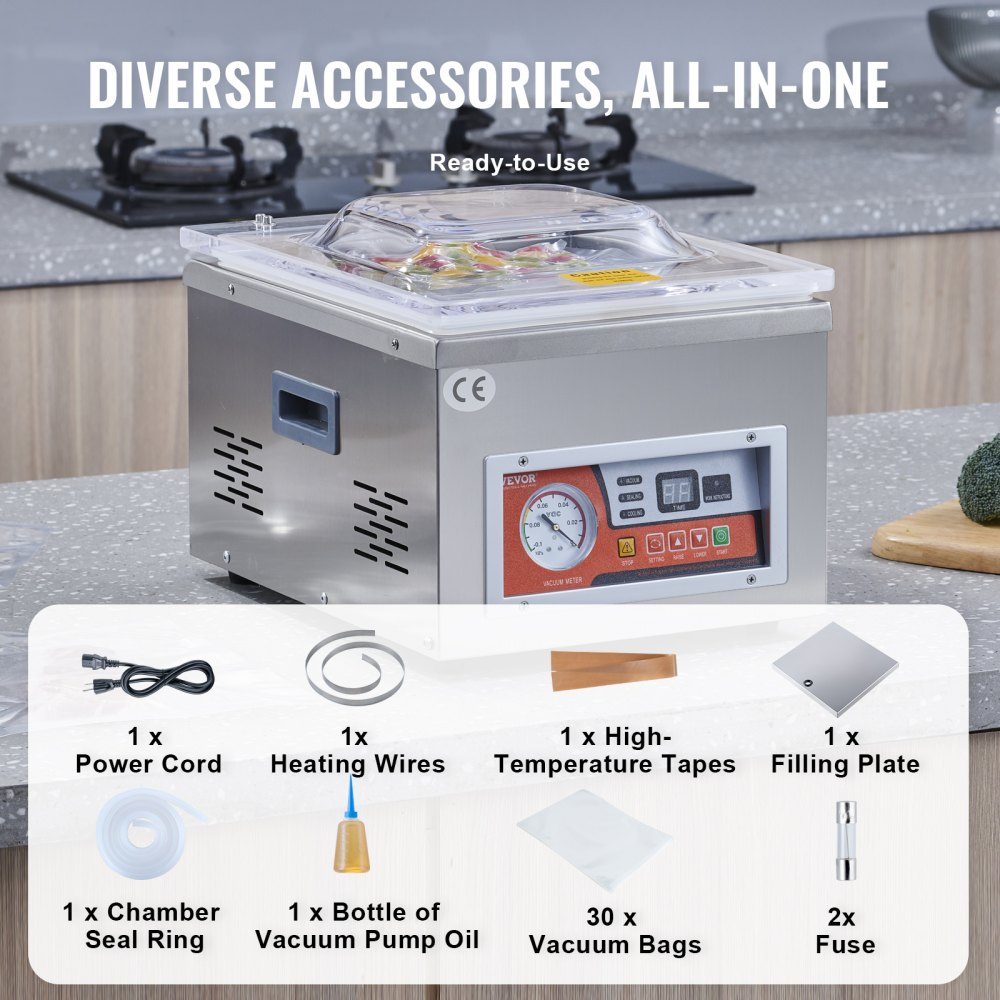 Vacuümsealer DZ-260A, compacte professionele kamervacuümsealer, 180W motor, kamervacuümsealer, 6,5 cbm/u, vacuümsealer, afdichtingsgrootte 33 x 25 cm, geschikt voor huizen, supermarkten, voedselfabrieken