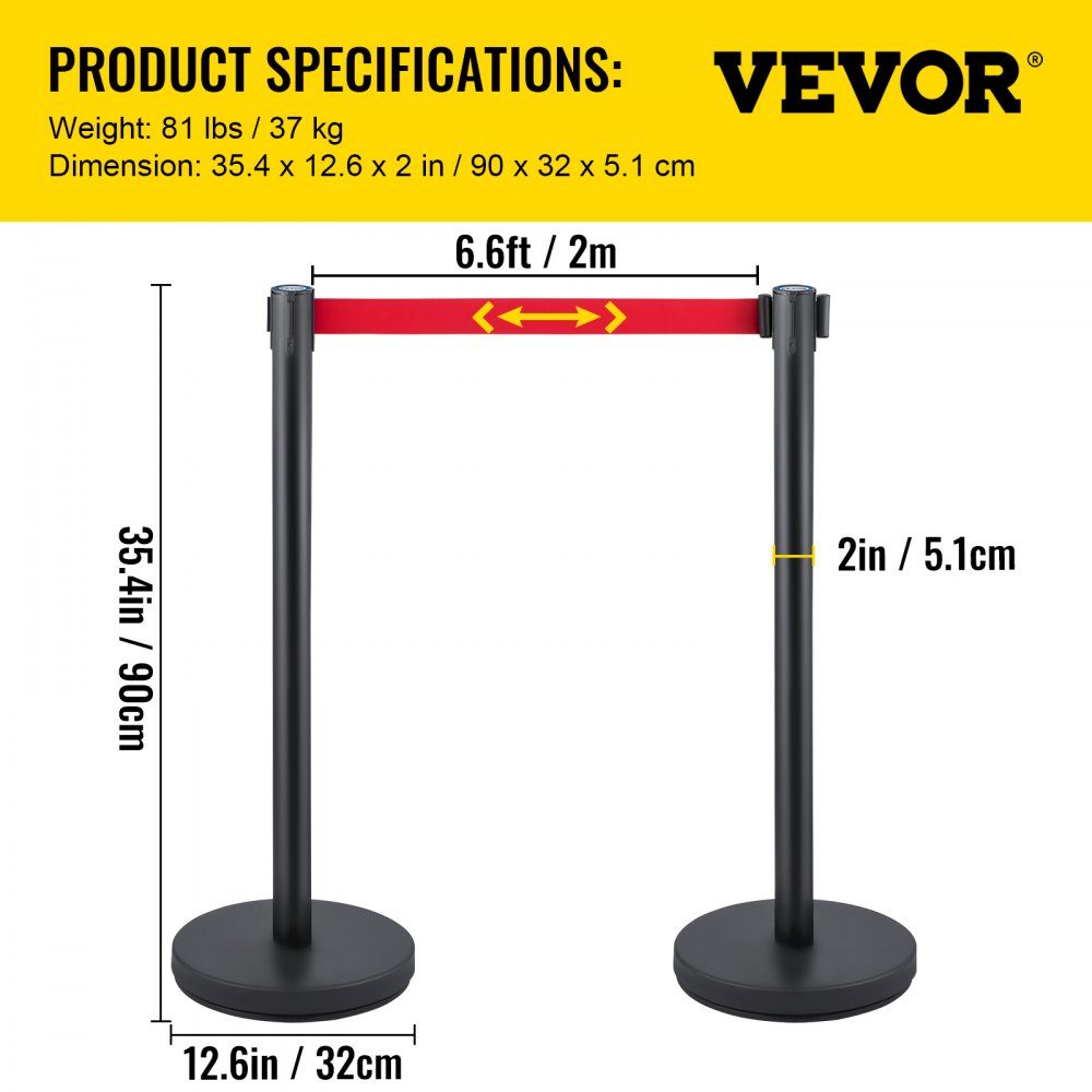 Personengeleidingssysteem 6 stands, totale hoogte 90 cm slagboom met vierwegadapter, demarcatiestandaard, slagboomstandaard met 2 m lengteband voor luchthaven, standaard van ijzerstaal, zwart