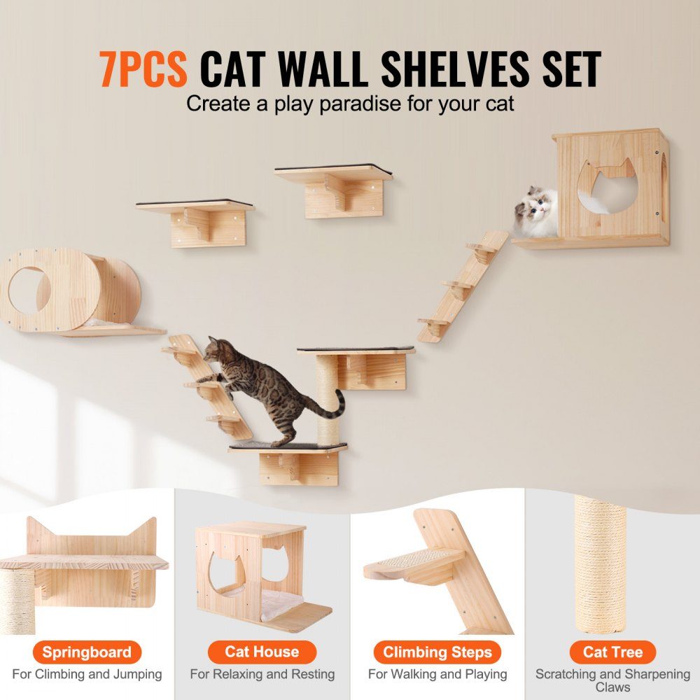 Étagères murales pour chat, étagères murales et perchoirs pour chat avec tremplins, lits pour chat, hamacs et griffoir, meubles et étagères pour chat jusqu'à 18 kg pour dormir, jouer, grimper, lot de 7