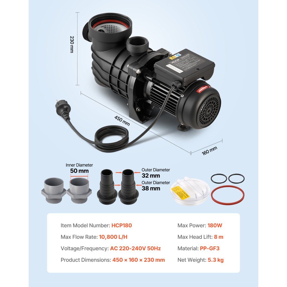 Schwimmbadpumpe 180 W, Filterpumpe 10.800 L/H max. Förderleistung, einstufige Poolpumpe, 2850 U/min, 8 m max. Förderhöhe, mit Filterkorb & Deckel, für Aufstellbecken, Pools & Spas