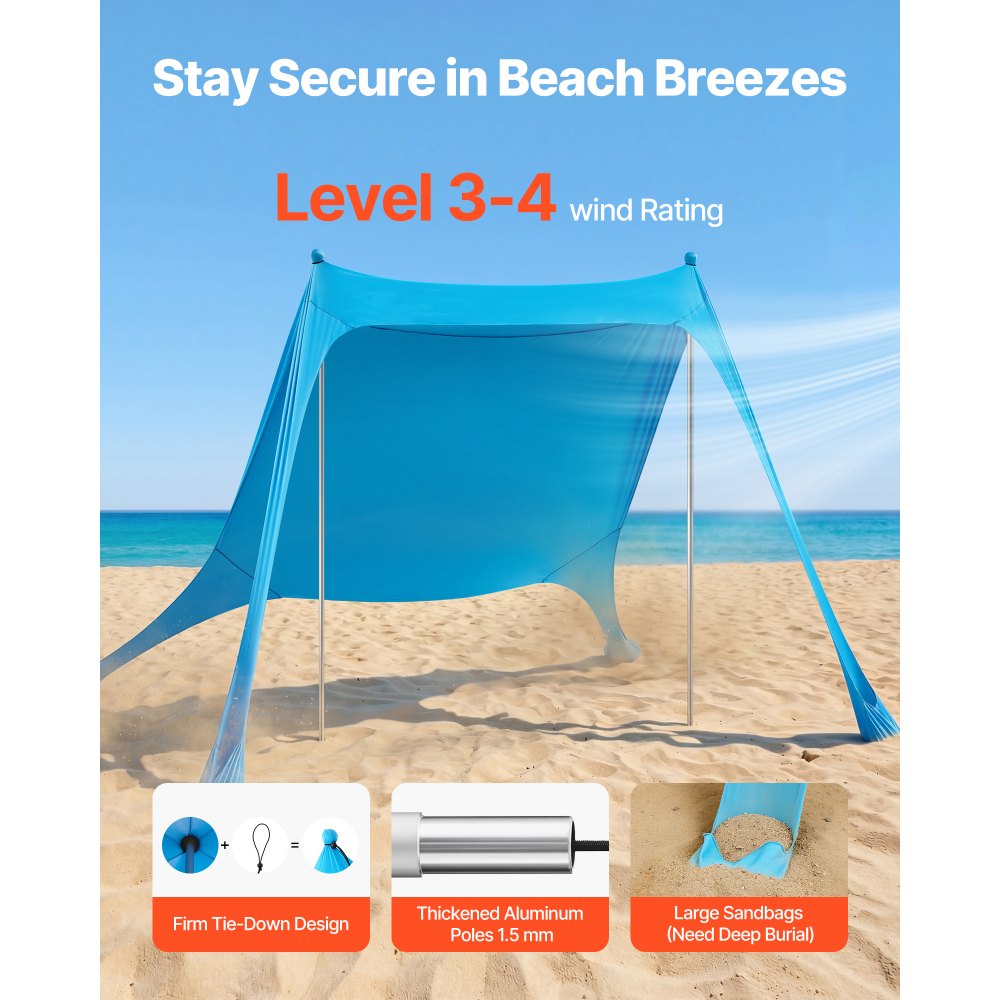 Tente de plage avec pare-soleil (UPF 50+) 2,3 x 2,3 x 2 m, abri de plage avec poteaux de support et pelles à sable, auvent portable pour les voyages en famille, le camping, la pêche, bleu Tente de plage avec pare-soleil (UPF 50+) 2,3 x 2,3 x 2 m, abri de plage avec poteaux de support et pelles à sable, auvent portable pour les voyages en famille, le camping, la pêche, bleu