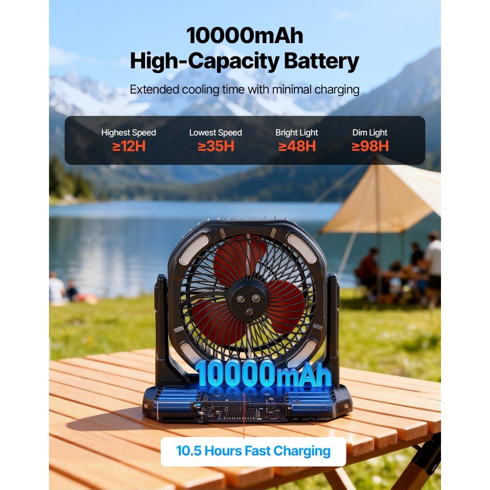 Ventilateur de camping, moteur 2700 tr/min, ventilateur brumisateur avec réservoir d'eau de 9 L, batterie 10 000 mAh, 4 niveaux de vent et 5 modes d'éclairage, ventilateur sur pied portable pour le camping, la pêche et les voyages – Réf. HT-24327