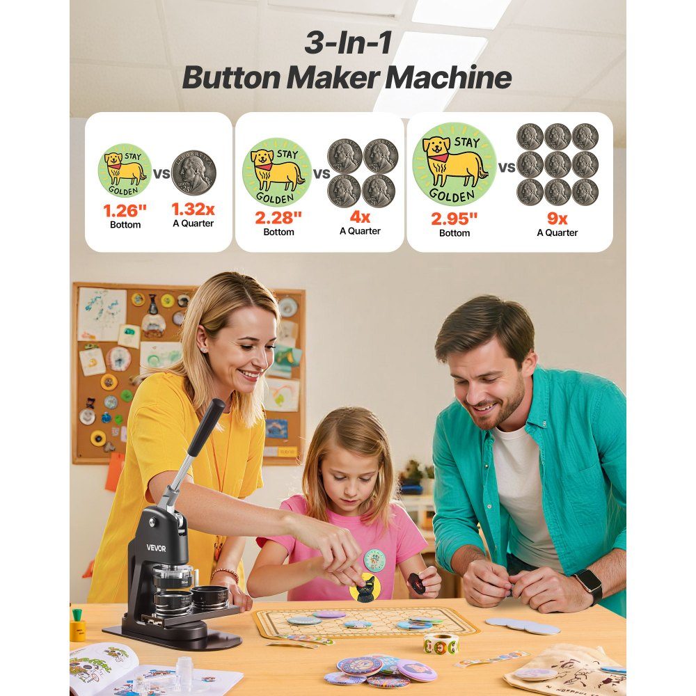 Buttonmaschine Button Maker Maschine Abzeichenstanzpresse 32 / 58 / 75 mm, Pin Maker mit 300 Buttonteilen & Kreisschneider & Zauberbuch & verstärktem ergonomischem Griff, DIY Buttonmaschine Schwarz