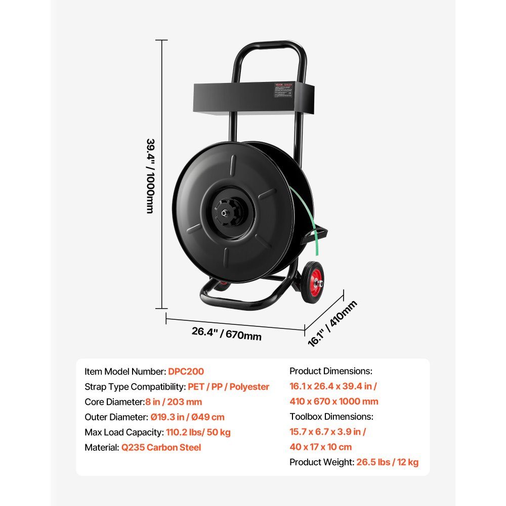 Dispenser, suitable for PET/PP/polyester strapping rolls with 203 mm core size, strapping dispenser with improved braking system, integrated spacious storage space for tools