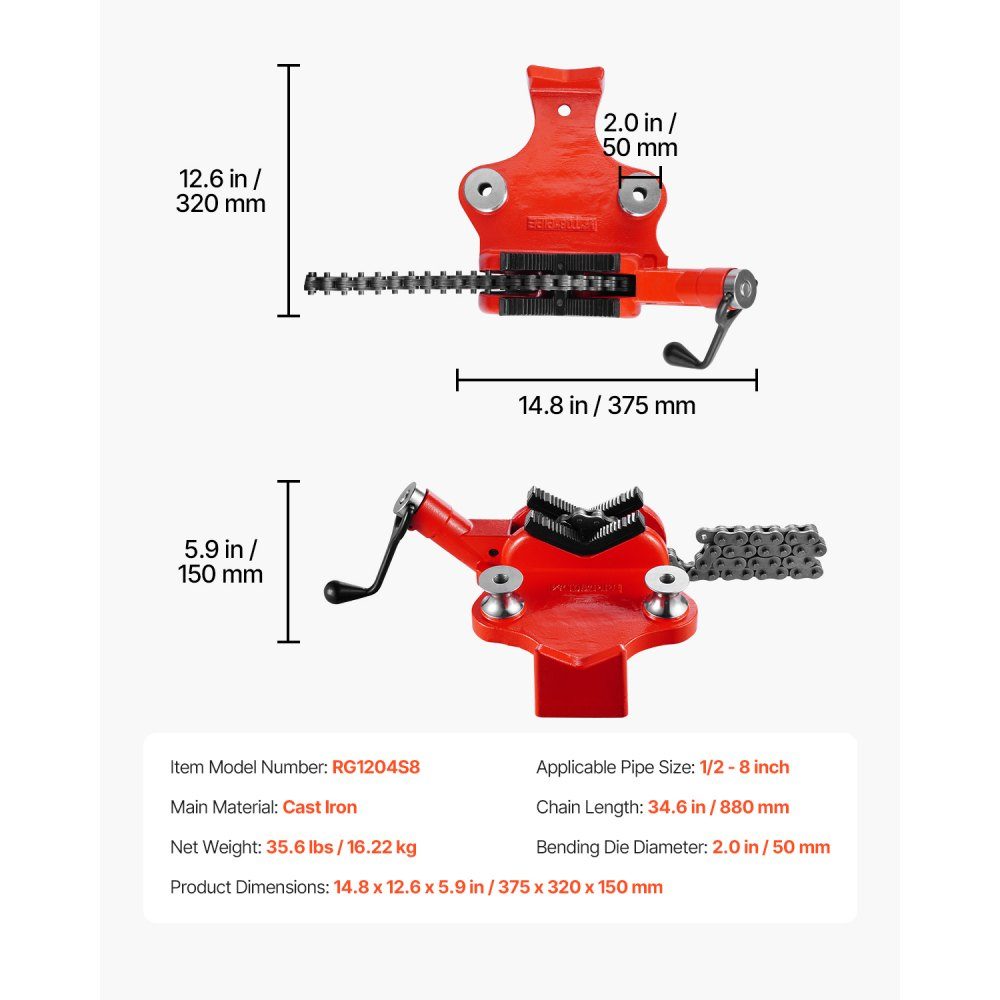 Chain Pipe Vise, Pipe Capacity 12.7-203.2mm, Heavy Duty 880mm Long Chain and Cast Iron Base, Industrial Grade Pipe Clamping for Plumbing, Auto Repair, Metalworking