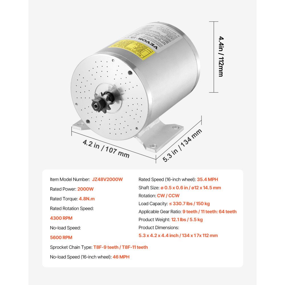 Kit de moteur électrique CC sans balais 2000 W - Moteur électrique 48 V 4300 tr/min 4,8 Nm avec contrôleur de vitesse amélioré, idéal pour les karts, vélos électriques, motos, scooters – Réf. HT-23433