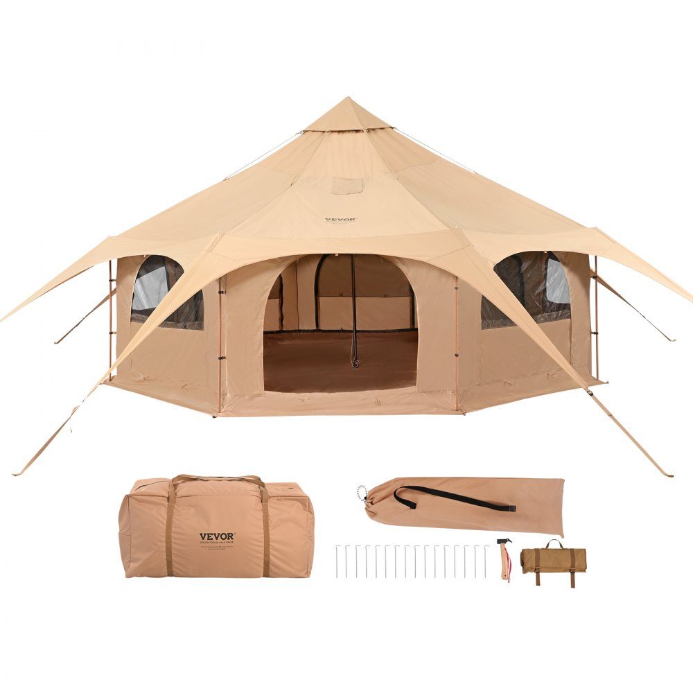 Bell Tent 5x2.8m Yurt Tent TC Cotton and Heavy Duty Iron Poles with Oxford Cloth Groundsheet Camping Tent Family Tent 8 Windows Group Tent for Outdoor Adventures