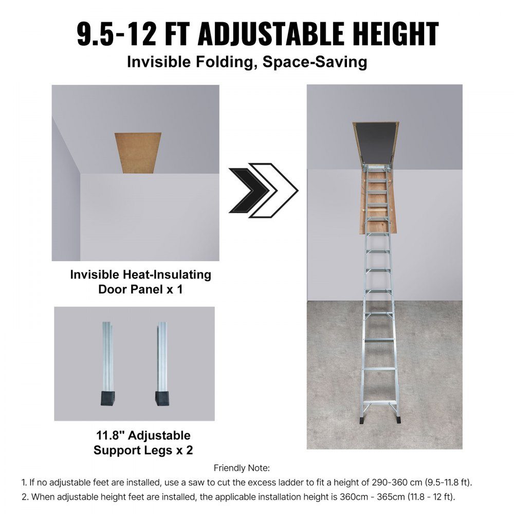 Telescopische ladder, 158,8 kg, trapladder, 12 treden, installatiehoogte van 290 tot 300 cm of 341 tot 366 cm, vouwladder, aluminium + hout, huishoudladder met hydraulisch gedempt afdaalontwerp