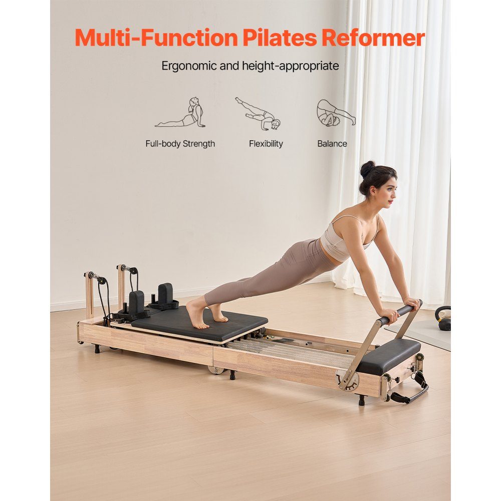 Zusammenklappbares Pilates-Reformer-Trainingsgerät aus Gummibaumholz für das Fitnessstudio zu Hause, Pilatesbett mit zwei Widerständen – Feder und Kordel, Ausrüstung mit Sitzbox, bis zu 400 Pfund