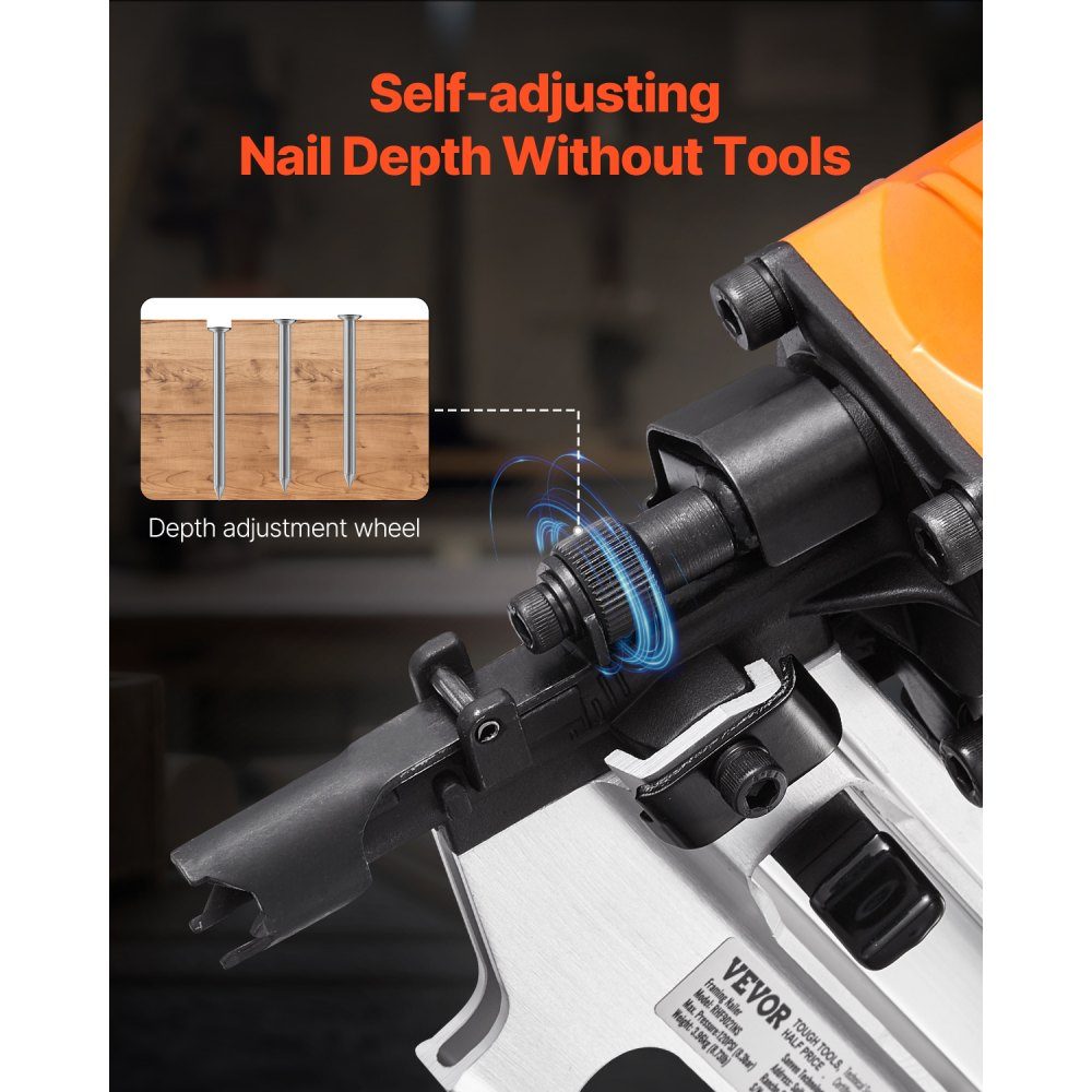 Air Nailer 50 to 90mm 21 Degree Round Head Pneumatic Nail Gun with Dual Trigger Modes and Depth Adjustment 80-120 PSI Pro Air Nailer for Framing, Flooring and Decking
