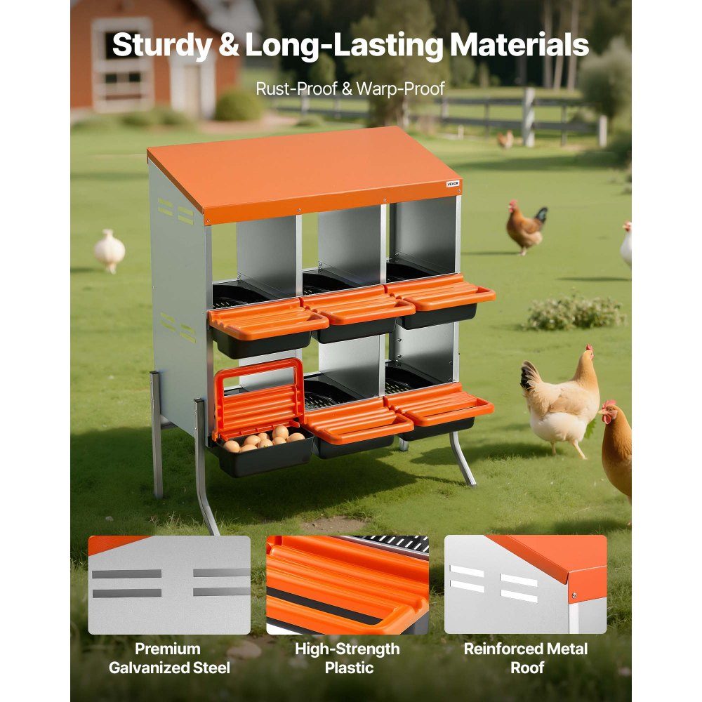 2-tier laying nest 795x525x990 mm, 6 compartments, metal chicken nest with support legs, poultry nest, roll-off nest, ideal for hens, ducks, chickens & other poultry, orange