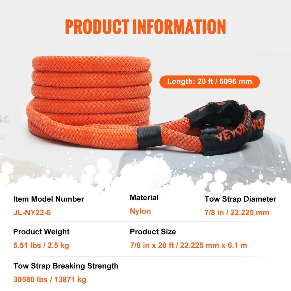 Sleepkabel 22 mm x 6 m 13871 kg Zware off-road sleepband Extreem zware sleepkabel met 30% elastische energie Sleephulp voor Jeep Auto Vrachtwagen ATV UTV SUV Tractor