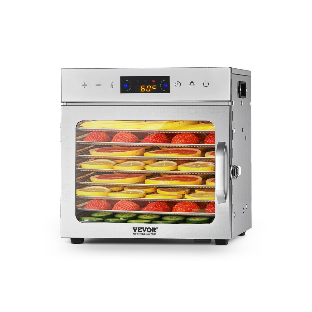 Dehydrator Dehydrator 8 roestvrijstalen kommen, 400 W elektrische voedseldroger met instelbare temperatuur, vriesdroger voor gedroogd vlees, vlees, fruit, groenten, kruiden, hondenkoekjes