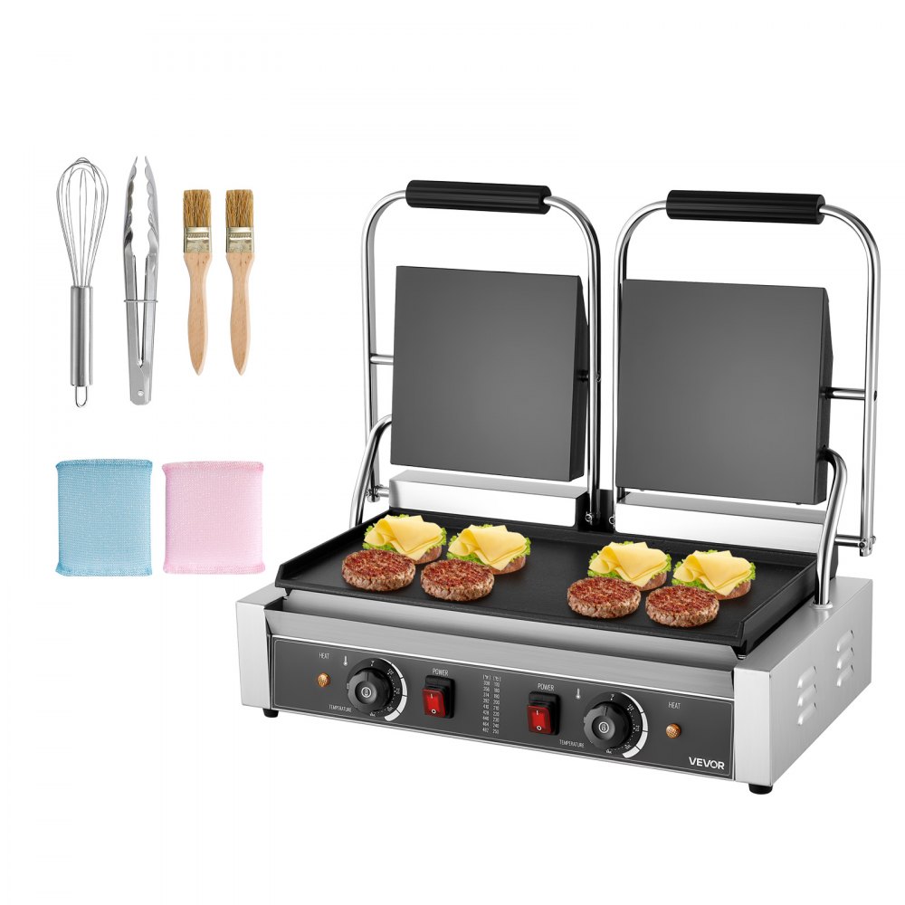 commercial contact grill 3600 W electric grill sandwich maker (double baking plates) panini press made of stainless steel with temperature control, 48 x 23 cm flat enamel plate, for hamburger steak bacon
