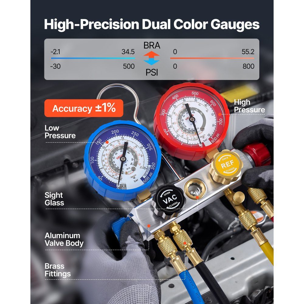 Air Conditioning Pressure Gauge Set for Refrigerant R22 R404A R410A R12, 4 Way Pressure Gauge with 1.5m Hoses, for Maintenance, Evacuation, Filling, Restoration of Air Conditioning Systems in Vehicles, Households