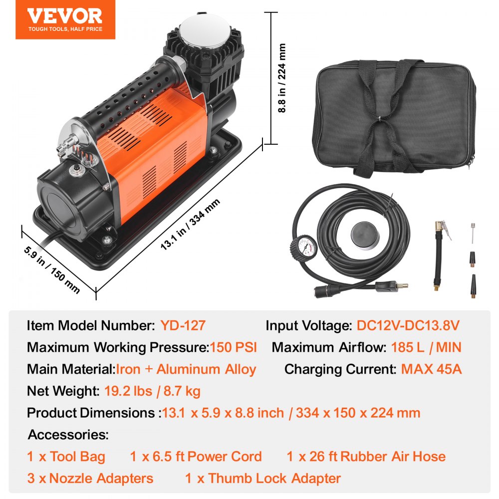 Tragbarer 12-V-Reifenfüller, 7,06 CFM Hochleistungs-Luftkompressor, 150 PSI Off-Road-Luftpumpe mit Adaptern für Auto, SUV, Wohnmobil, LKW – inklusive 6,5-Fuß-Netzkabel, 26-Fuß-Luftschlauch mit Manometer, Tragetasche
