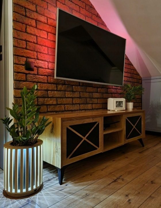 Pot de fleur fait main en lattes de chêne carré 2en1 éclairage LED 33cm