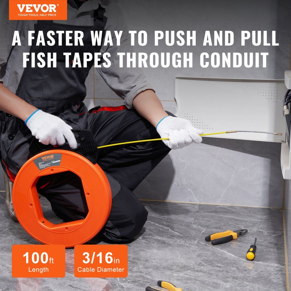 Fish Tape 100ft 3/16" glasvezel draadtrekker met geoptimaliseerd lichaam en handvat, eenvoudig te gebruiken kabeltrekker, flexibel draadvisgereedschap voor muren en elektrische draden, niet-geleidend