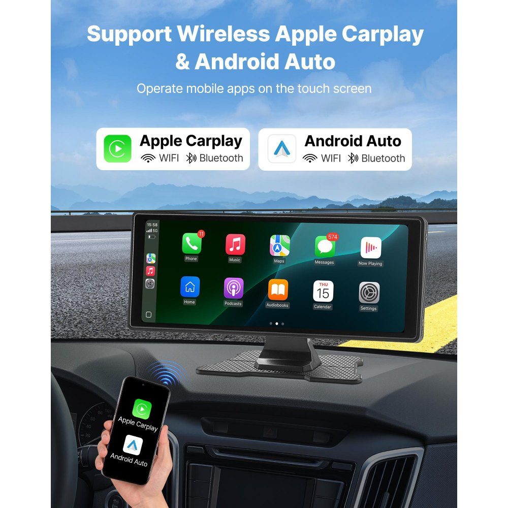 Kabelloses Autoradio (254 mm), HD-Radio mit Touchscreen mit Apple CarPlay und Android Auto, CarPlay-Bildschirm mit Kameras vorne und hinten, Sprachsteuerung, Mirror Link, Bluetooth, GPS-Navigation