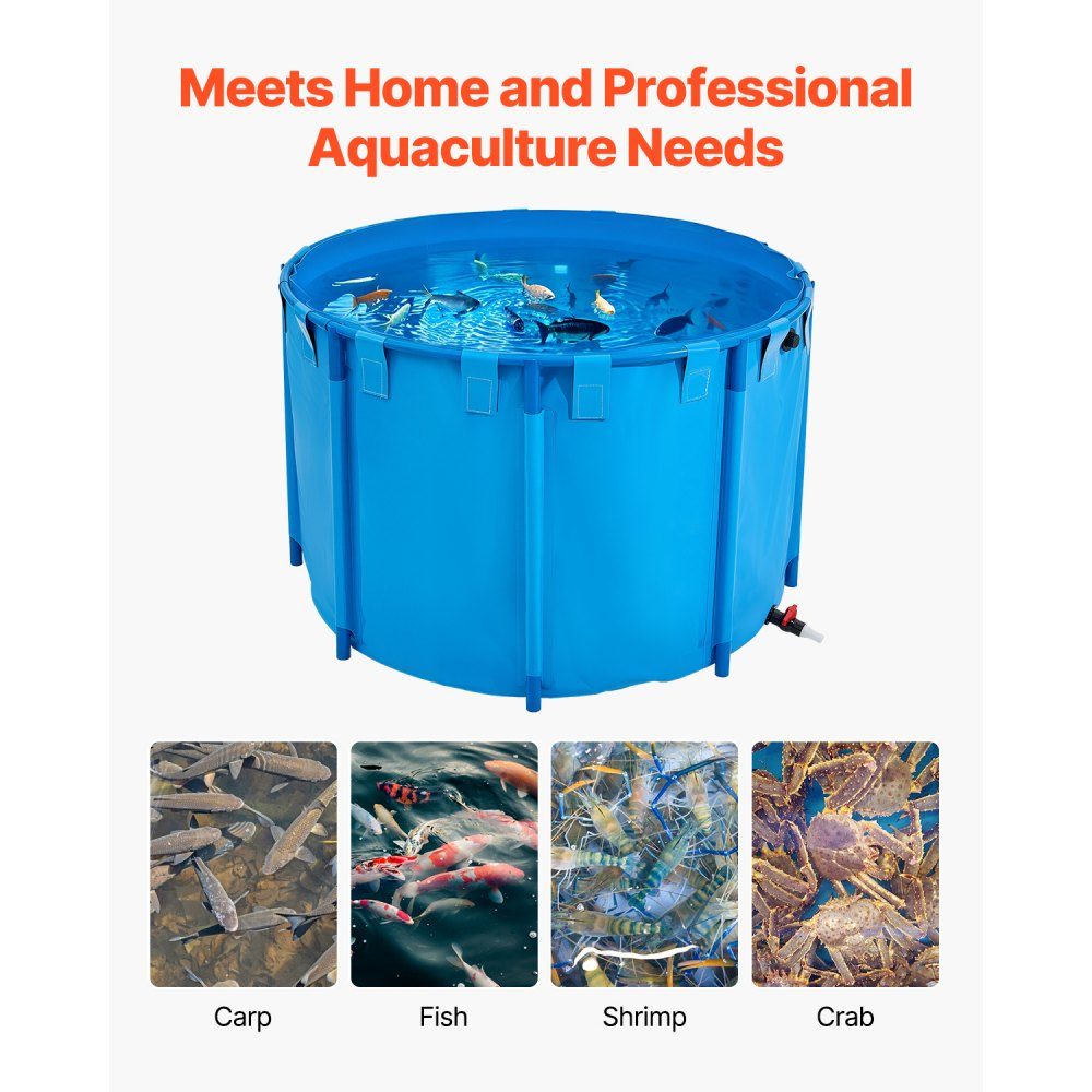 Étang à poissons en PVC d'une capacité de 1 700 L pliable pour aquarium rond avec cadre robuste et valve de vidange pour l'élevage de poissons rouges Koi (bleu)