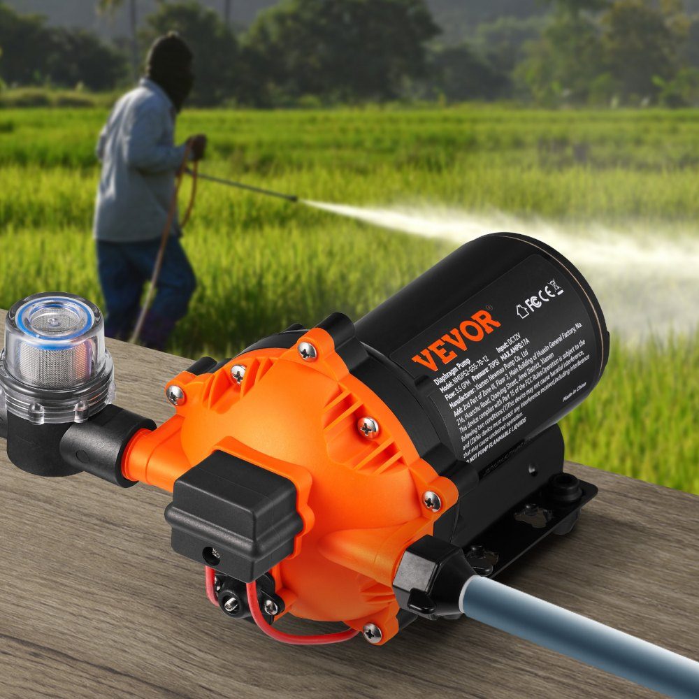 Water Diaphragm Pump, 12V DC, 5.5 GPM Flow, 70 PSI Rated Pressure (40-100 PSI Adjustable), 1/2" MNPT Self-Priming Spray Pump with Pressure Switch for RV, RV, Marine, Boat, Lawn, FCC Certified