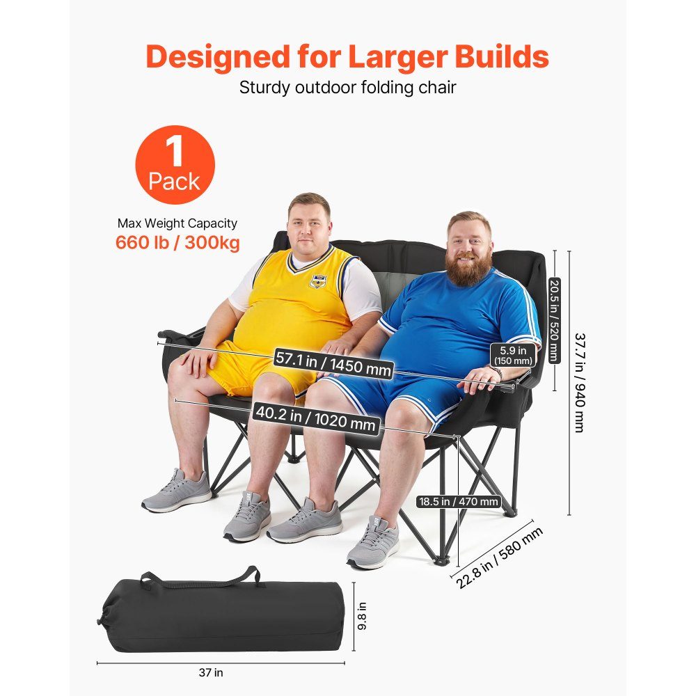 Camping Chair for 2 People, Folding Chair, 300kg Load Capacity, Fishing Chair with 2 Drink Holders & Wine Glass Holders & Magazine Holders & Carry Bags, for Outdoor Activities Fishing 1 Piece