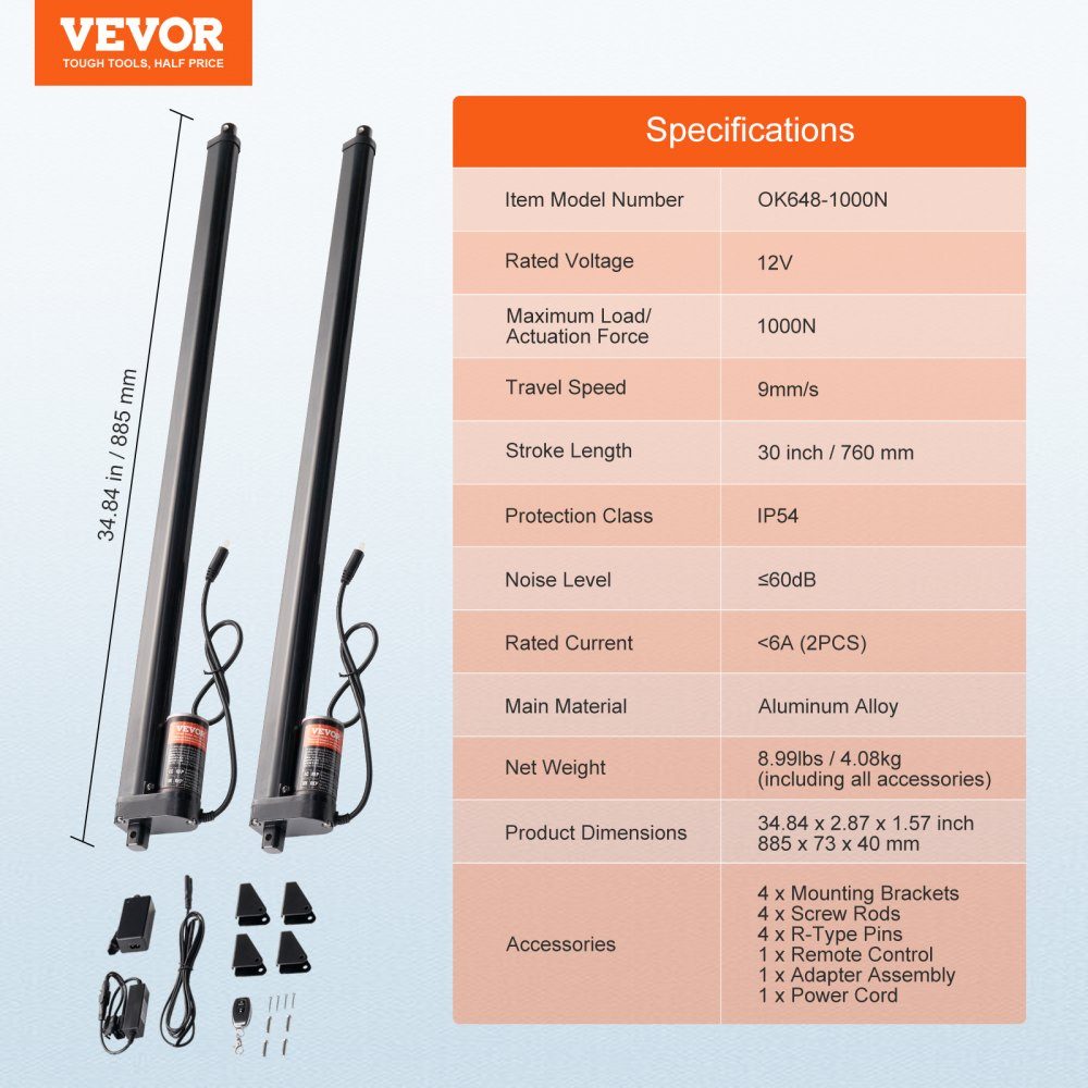 2 pièces. Kit actionneur linéaire 12V 76,2cm 0,89cm/s 99,79kg/1000N protection IP54