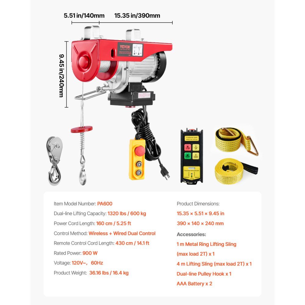 Elektrische lier 600kg motorlier met 100m draadloze en 4,2 bedrade afstandsbediening 12m hefhoogte met enkele kabel Enkele / dubbele stroppen Takel voor garage magazijnfabriek