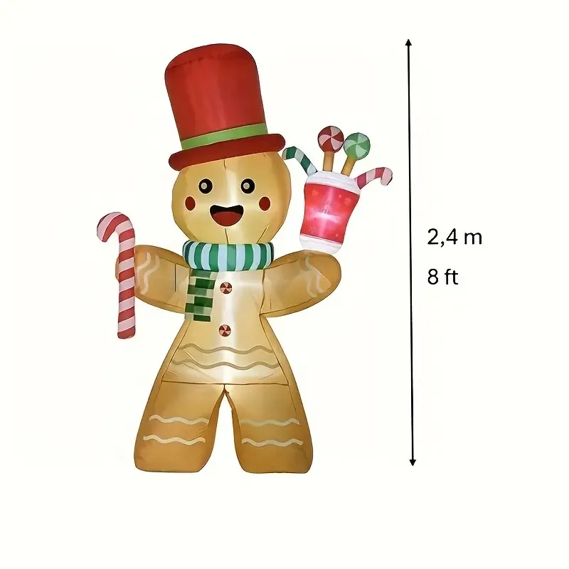 LED Lighted Inflatable Gingerbread Man with Candy Cane - 8ft Indoor/Outdoor Christmas Decoration