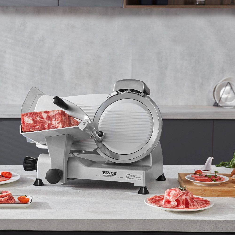 Trancheuse à viande commerciale 340 W trancheuse électrique polyvalente avec lame en acier au carbone de 10" épaisseur réglable de 0 à 15 mm pour la viande, le fromage, les légumes, etc.