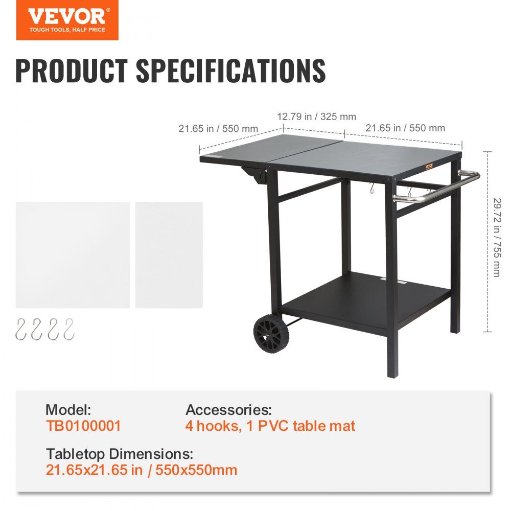 Servierwagen, Küchenwagen, 97,2 x 64 x 75,5 cm, Outdoor-Grill-Esswagen mit doppelter Ablage, beweglicher Grilltisch für die Zubereitung von Speisen, multifunktionale Tischplatte aus schwarzem Eisen