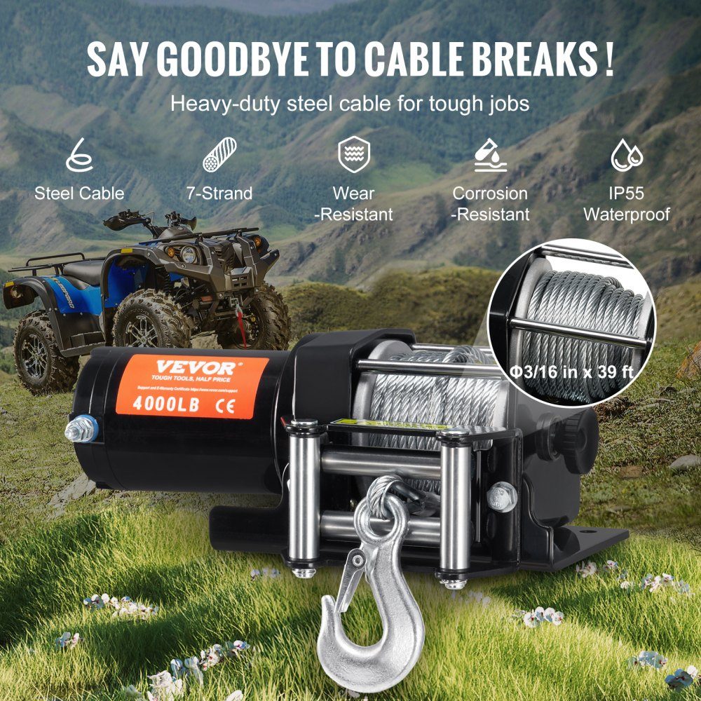Electric Winch, 4000lb Pulley Capacity, 12V DC ATV/UTV Winch with Φ3/16" x 39ft 7-Strand Steel Cable Pulley Guide, Wireless and Wired Remote Control, IP55 Waterproof for UTV ATV Towing