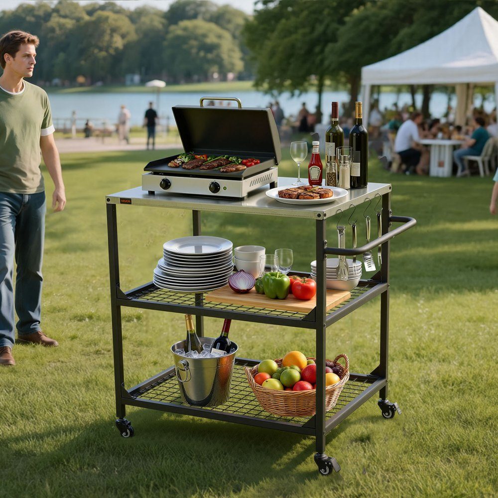 Chariot barbecue extérieur 80 x 61 cm (taille plateau table), table barbecue roulante avec poignée latérale & 2 étagères grillagées & 4 roulettes, table de préparation barbecue, chariot de service pour pique-nique, cuisine, jardin
