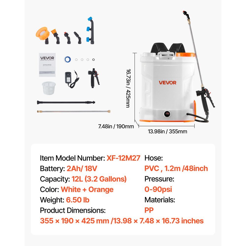 Cordless Sprayer, 12L Electric Backpack Pressure Sprayer, 2 Retractable Wands and 5 Nozzles, Adjustable from 0-6 Bar, 2 Hours Running Time, Portable Pump Sprayer for Yard, Garden and Lawn