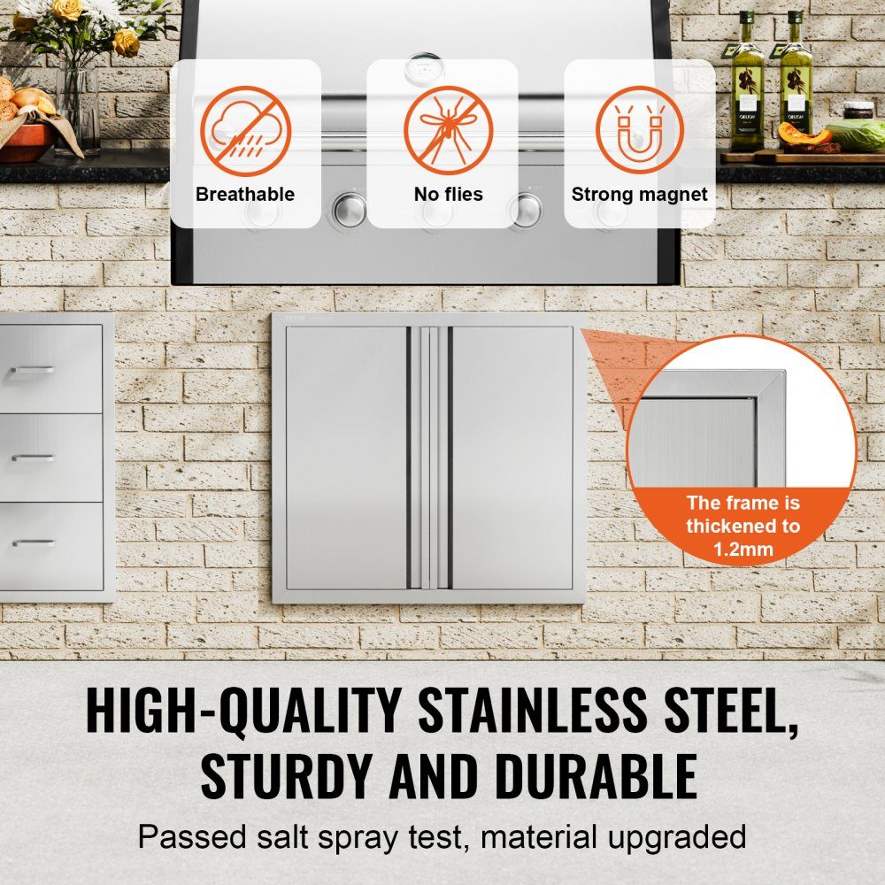 Grilltoegangsdeur 660x610mm Dubbele buitenkeukendeur Inbouw roestvrijstalen deur Verticale muurdeur met intrekbare handgrepen voor grilleiland Grillstation Buitenkast